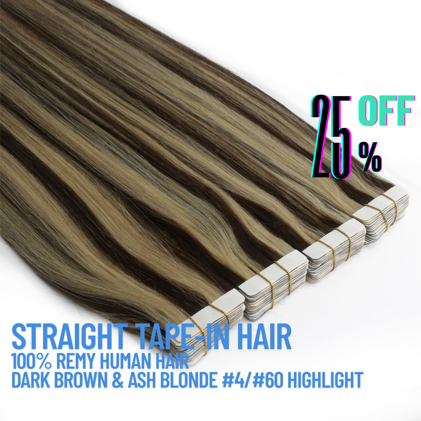 Dark Brown & Ash Blonde #4/#60 Tape-In Hair Extensions – 100% Remy Human Hair | 50g Pack | 10''–30'' | Reusable | Ships from Canada