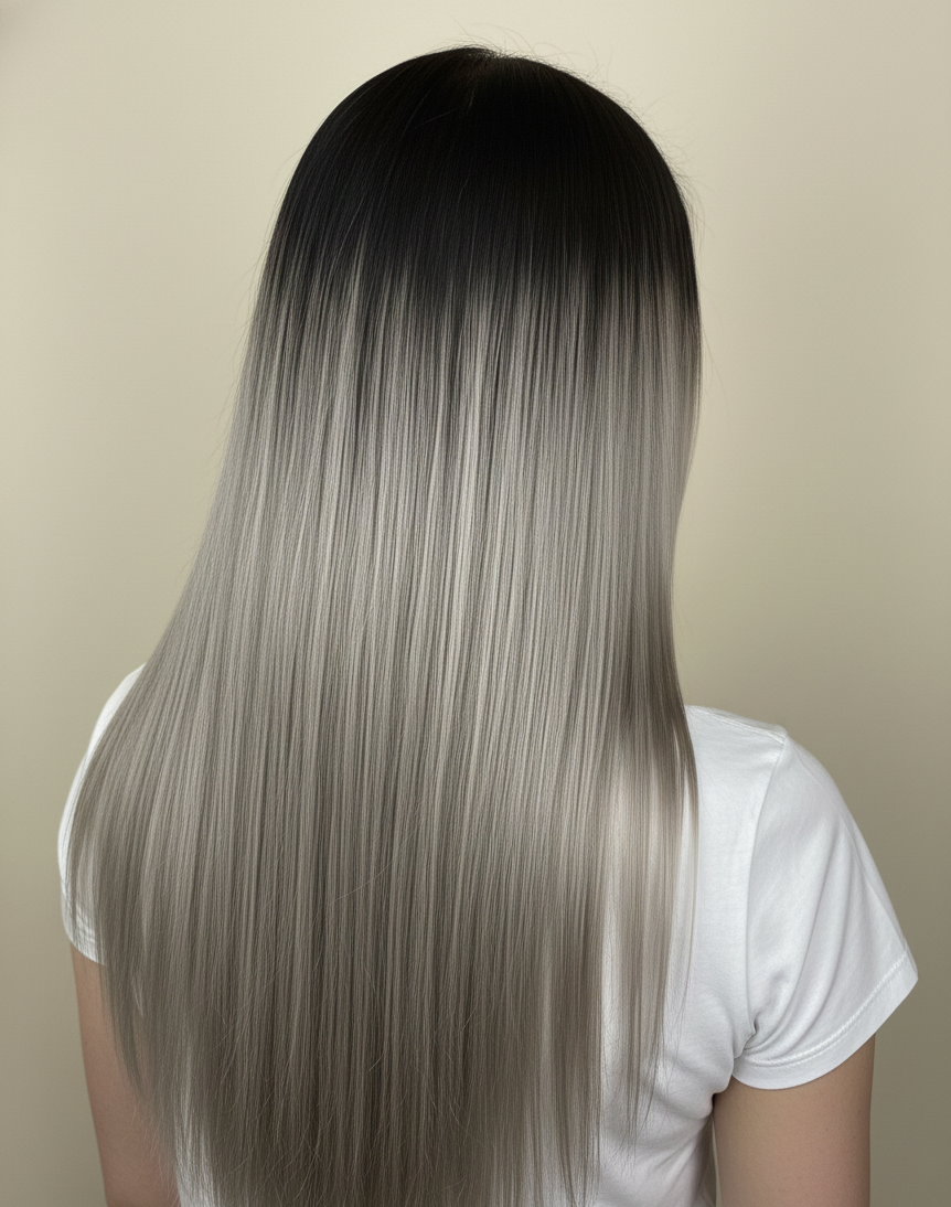 Invisible Tape-In Hair Extensions – Natural Black #1B to Silver Ombre | 100% Remy Human Hair | 150g | 18’’ | Straight | Reusable