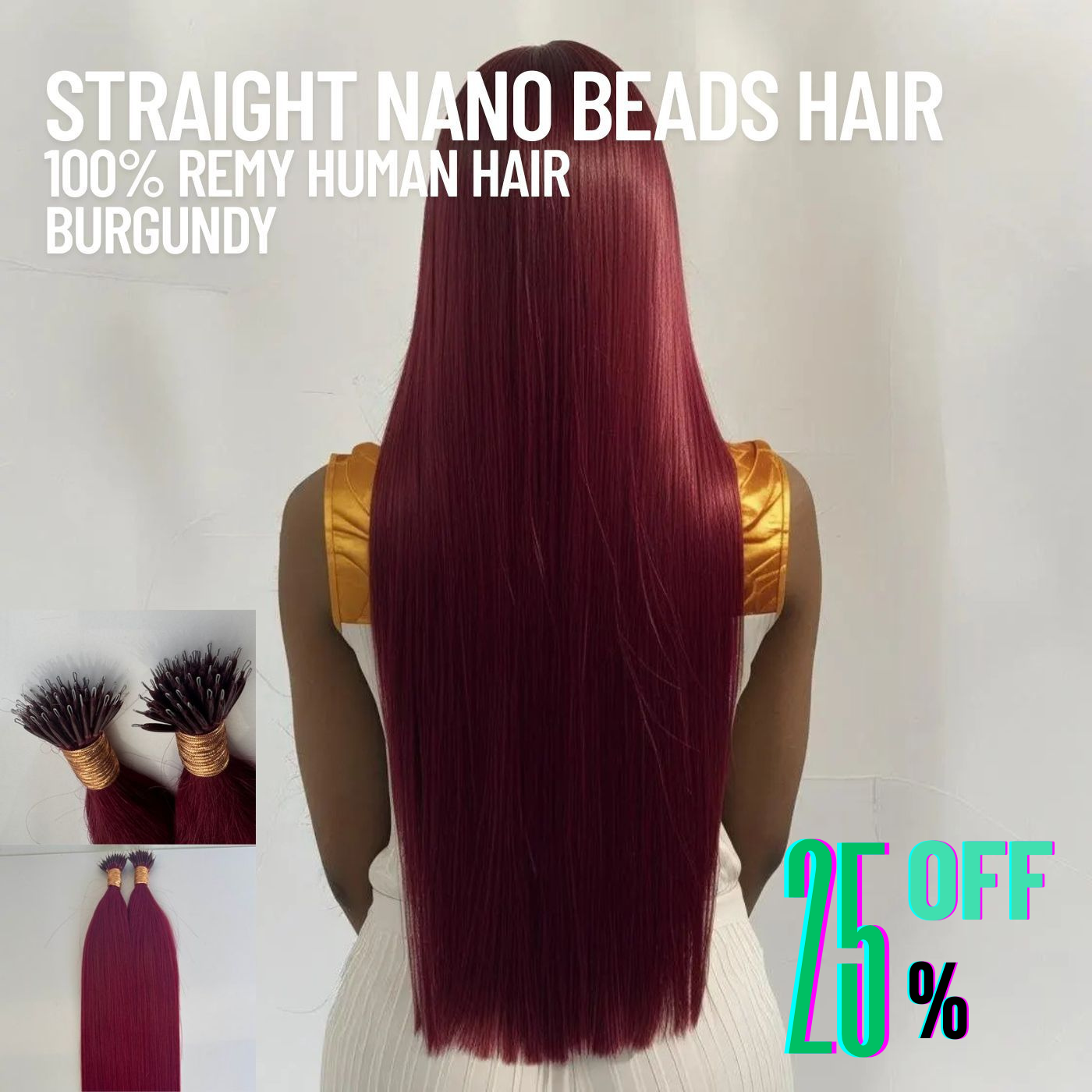 Burgundy Straight Nano Beads Hair Extensions – 100% Remy Human Hair | 50g Pack (50 Strands) | Reusable | Ships from Canada
