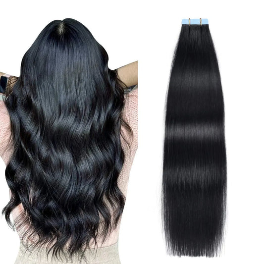 Natural Black #1B Tape-In Hair Extensions – 100% Remy Human Hair | 20 Tapes (50g) | 10’’–30’’ | Reusable