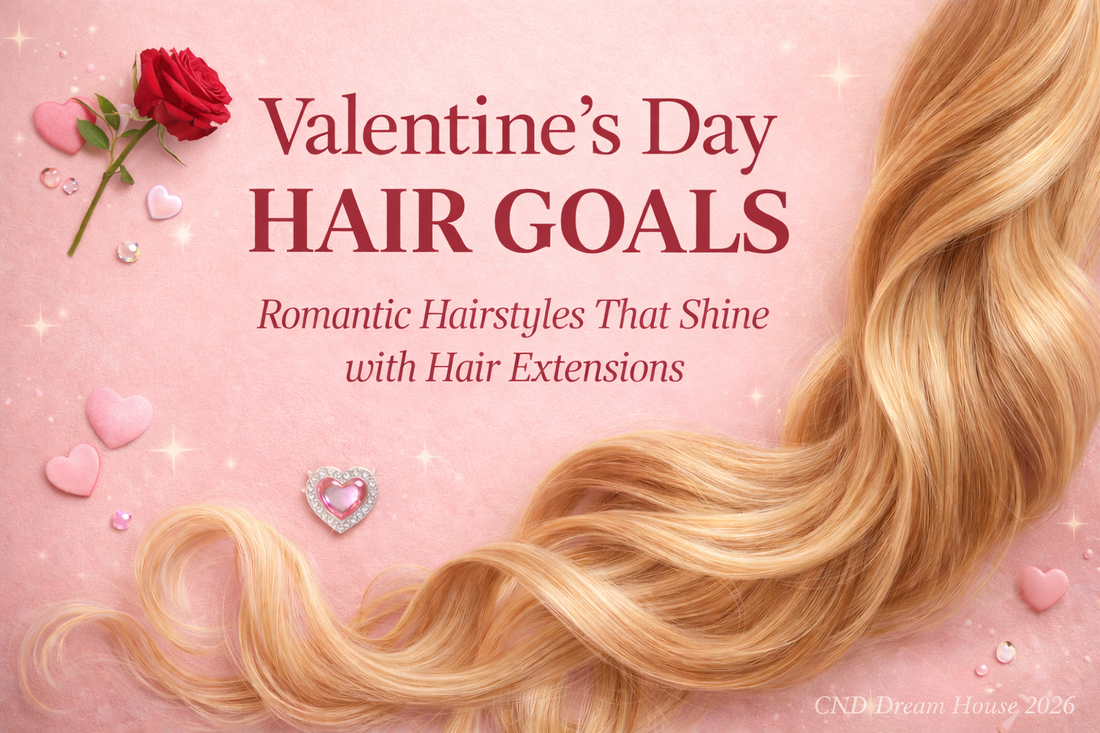 Valentine’s Day hair extensions cover image featuring soft blonde waves, romantic pink background, and elegant styling for special occasions by CND Dream House.