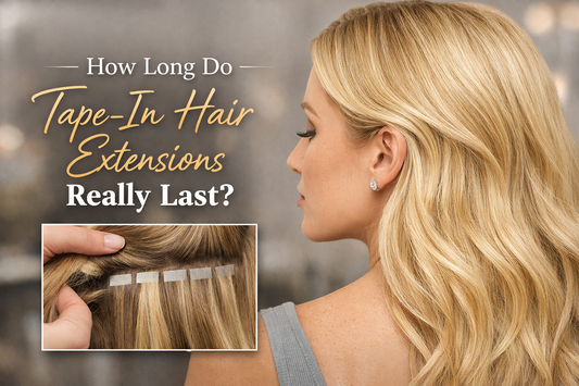 Blonde woman with long hair and tape-in hair extensions installation close-up showing how tape-in extensions are applied