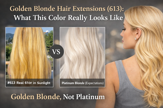 Golden blonde 613 hair extensions compared to platinum blonde showing real color difference under natural light