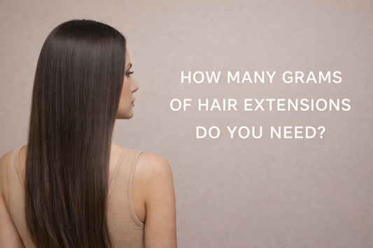 Straight long dark brown hair extensions on a model, minimal beige background with text “How many grams of hair extensions do you need”