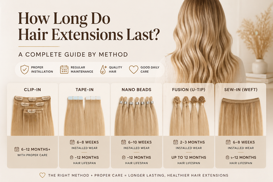 Hair extension lifespan comparison chart showing clip-in, tape-in, nano beads, fusion, and sew-in methods with duration and care factors