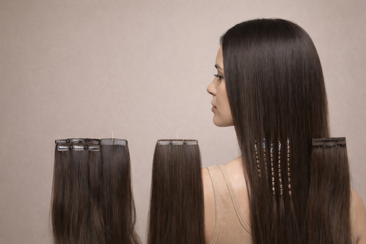 different types of hair extensions including tape in nano beads clip in and weft shown on long straight hair