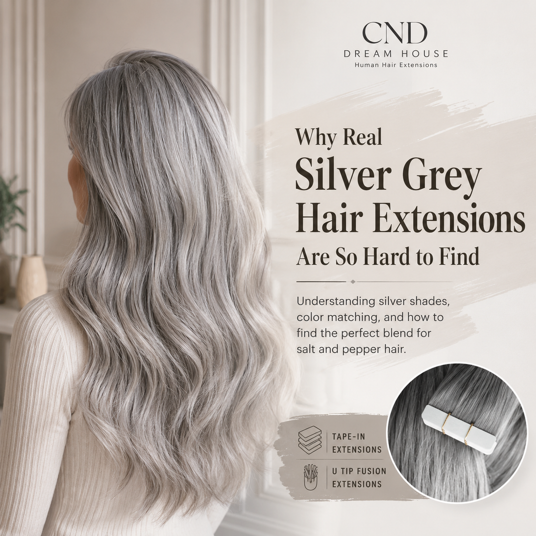 Silver grey hair extensions blending naturally with mature salt-and-pepper hair, featuring Tape-In and U Tip Fusion human hair extensions.