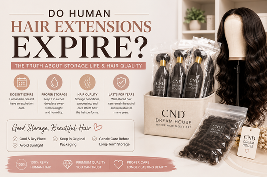 Human hair extensions and wig in protective storage packaging demonstrating how proper storage helps maintain hair quality and longevity.
