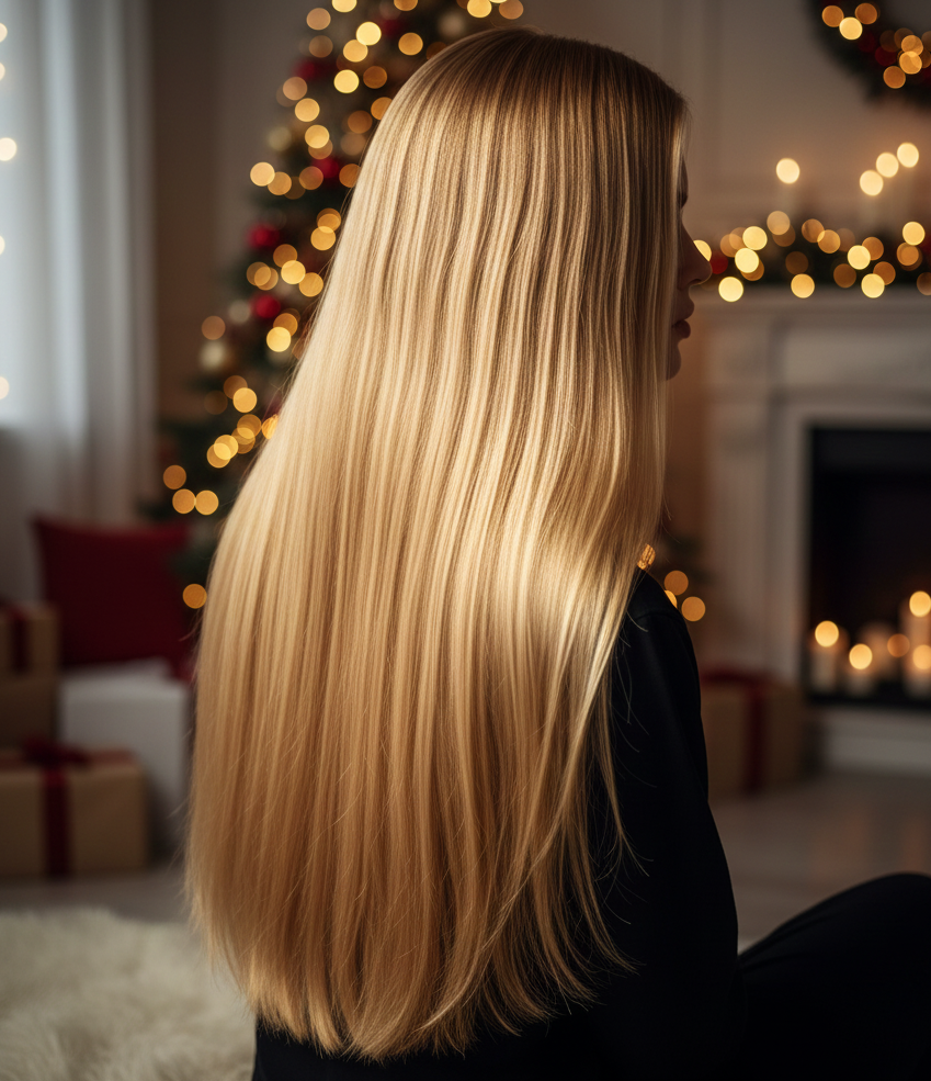 Woman with long silky golden blonde hair sitting near a Christmas tree with warm holiday lights in the background.