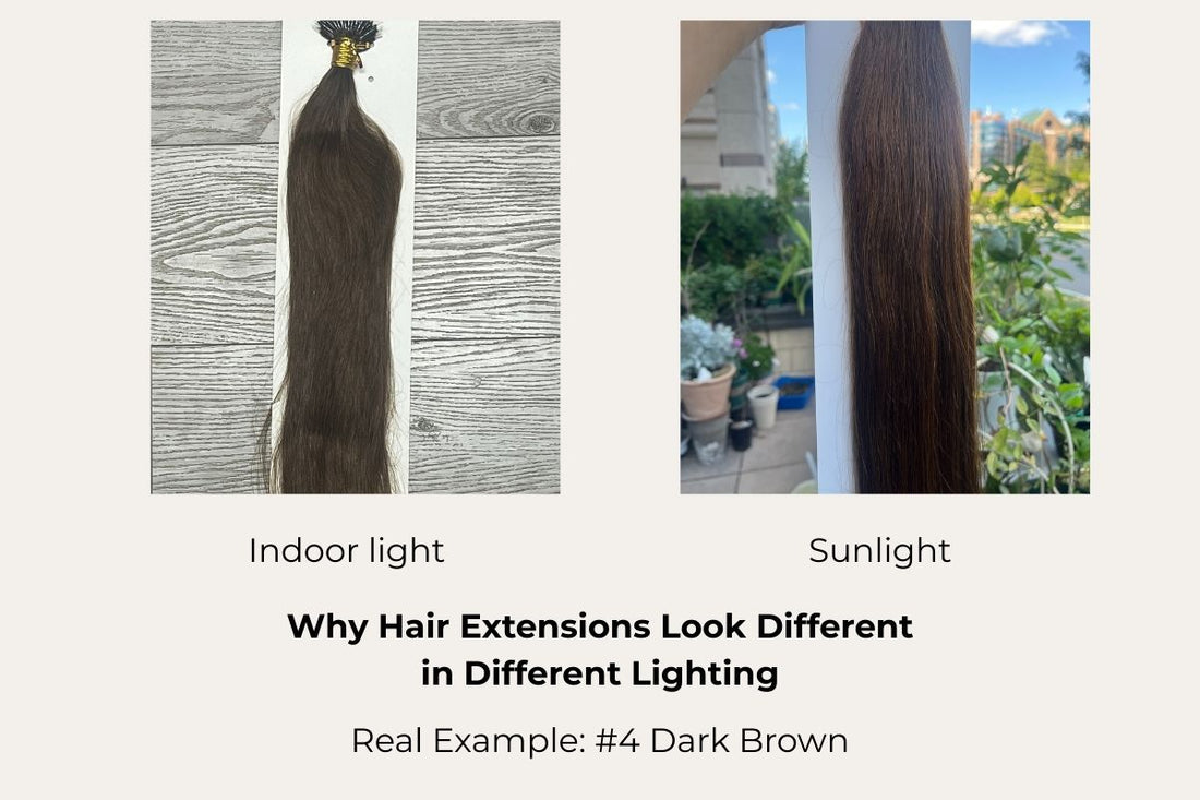 #4 dark brown hair extensions indoor light vs sunlight lighting comparison