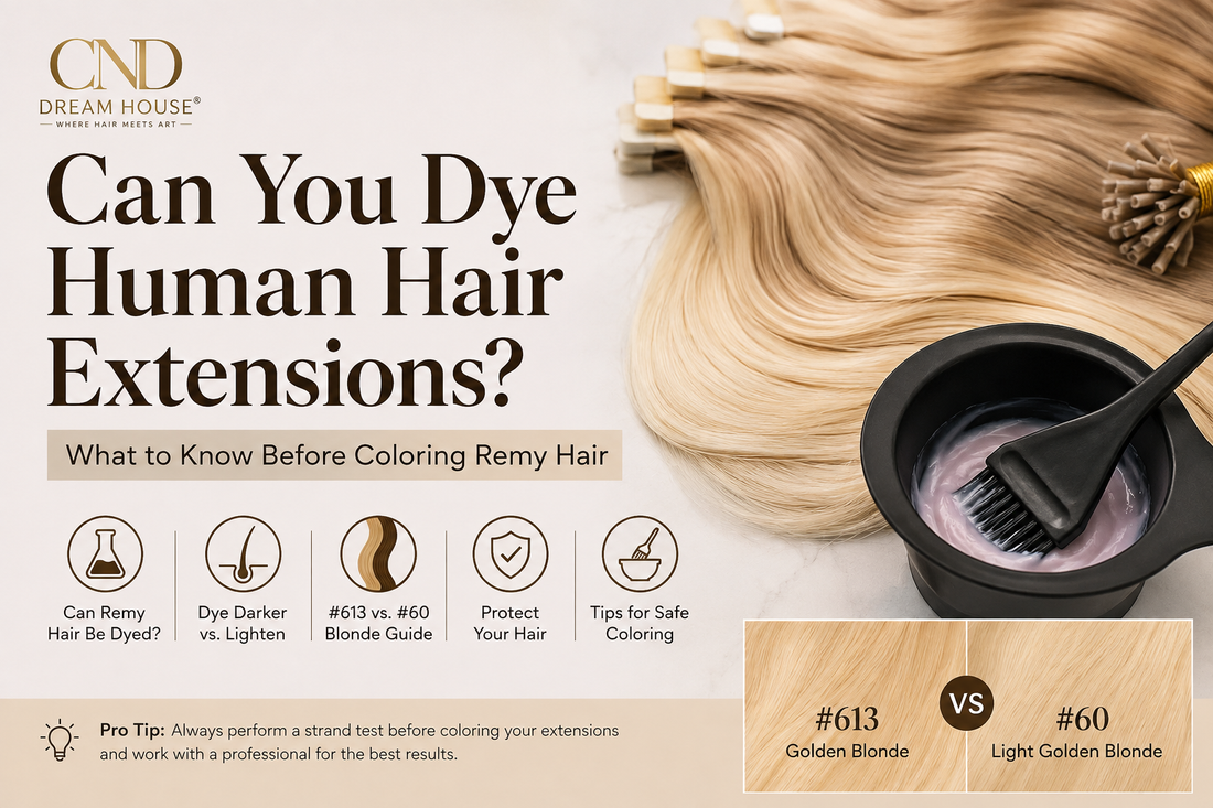 Blonde Remy human hair extensions with #613 Golden Blonde and #60 Light Golden Blonde, showing safe hair coloring techniques and professional coloring tools.