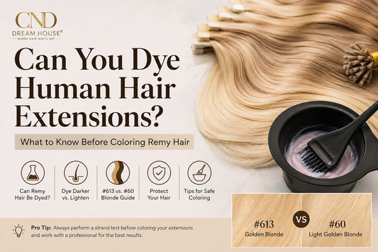 Blonde Remy human hair extensions with #613 Golden Blonde and #60 Light Golden Blonde, showing safe hair coloring techniques and professional coloring tools.