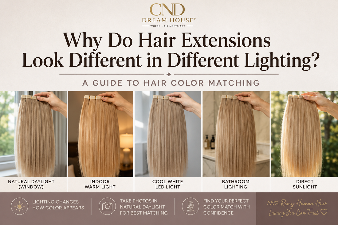  Same blonde Remy human hair extensions shown under natural daylight, warm indoor light, cool LED light, bathroom lighting and direct sunlight to demonstrate how lighting affects hair color appearance.