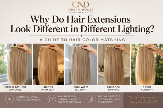  Same blonde Remy human hair extensions shown under natural daylight, warm indoor light, cool LED light, bathroom lighting and direct sunlight to demonstrate how lighting affects hair color appearance.
