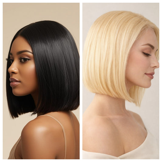 Side-by-side view of a straight bob wig in natural black and golden blonde #613, featuring a clean bob cut and smooth, sleek finish.