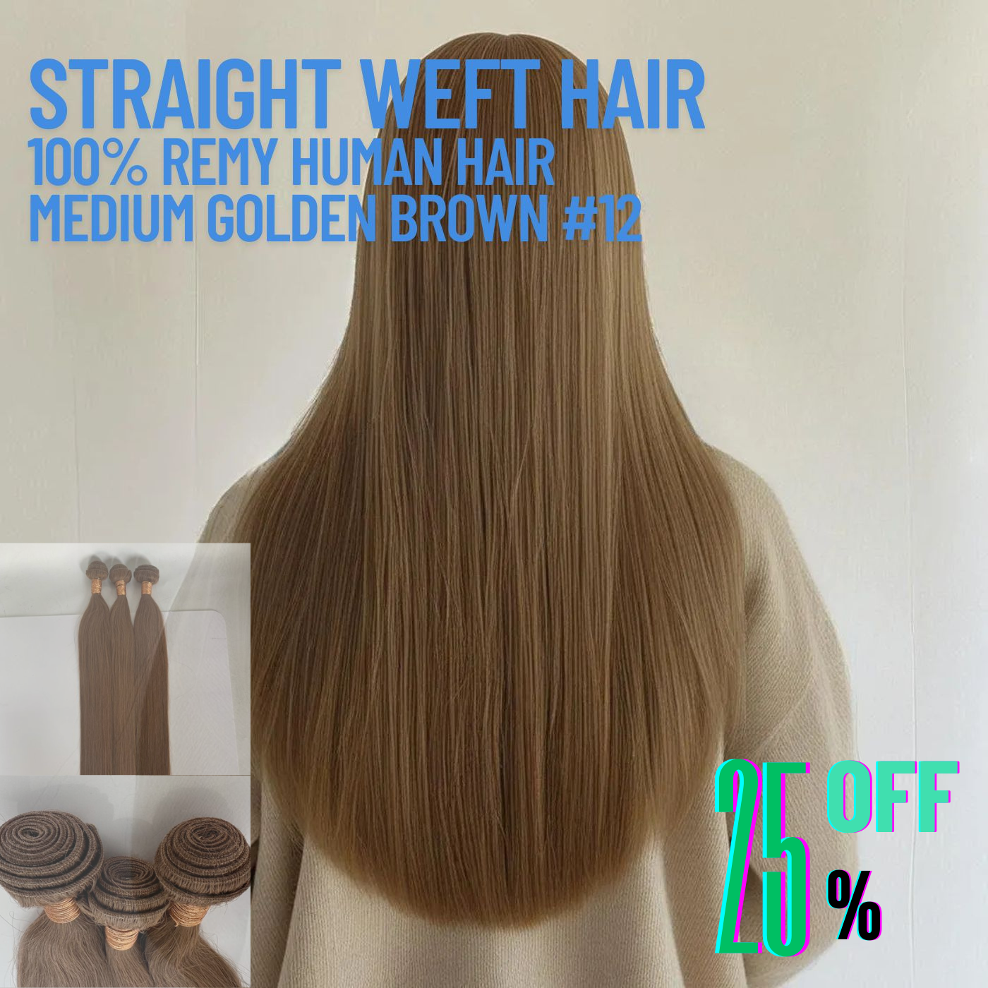 Medium Golden Brown #12 Straight Weft Hair Extensions – 100% Remy Human Hair | 100g Pack | 10''–30'' | Reusable | Ships from Canada