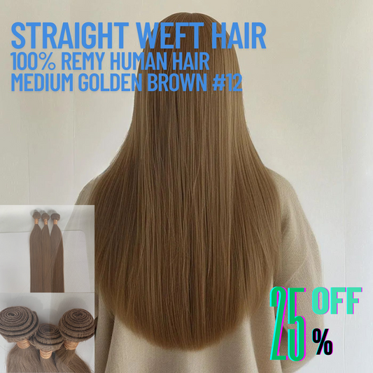 Medium Golden Brown #12 Straight Weft Hair Extensions – 100% Remy Human Hair | 100g Pack | 10''–30'' | Reusable | Ships from Canada