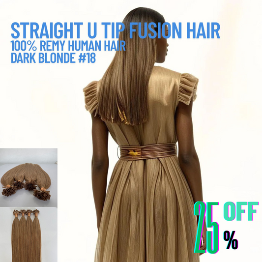 Dark Blonde #18 Straight U Tip Fusion Hair Extensions – 100% Remy Human Hair | 100g Pack | 10''–30'' | Reusable | Ships from Canada