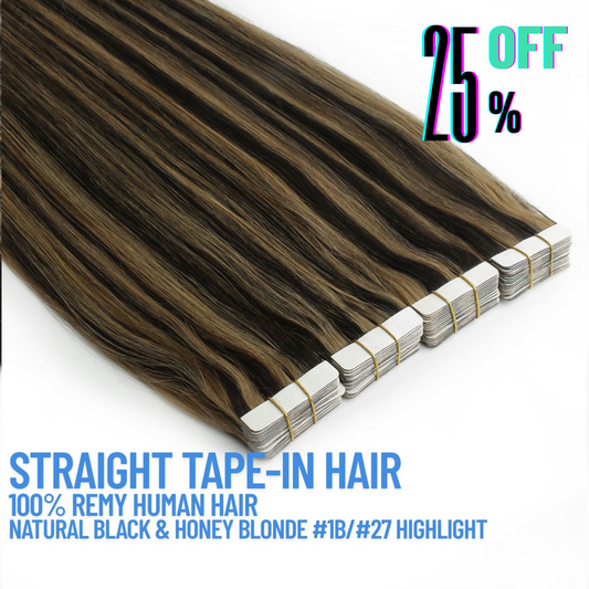 Natural Black & Honey Blonde #1B/27 Tape-In Hair Extensions – 100% Remy Human Hair | 50g Pack | 10''–30'' | Reusable | Ships from Canada
