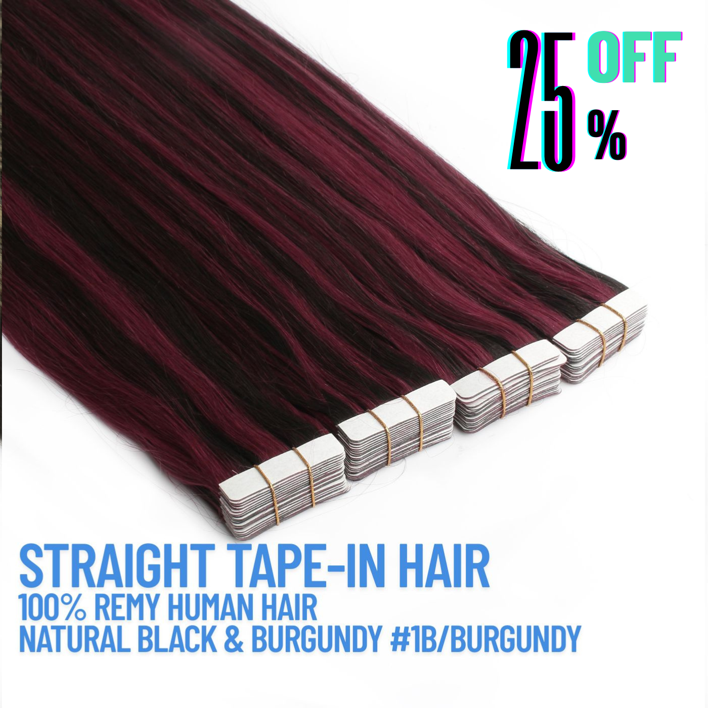 Natural Black & Burgundy #1B/Burgundy Tape-In Hair Extensions – 100% Remy Human Hair | 50g Pack | 10''–30'' | Reusable | Ships from Canada