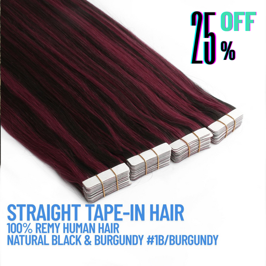 Natural Black & Burgundy #1B/Burgundy Tape-In Hair Extensions – 100% Remy Human Hair | 50g Pack | 10''–30'' | Reusable | Ships from Canada