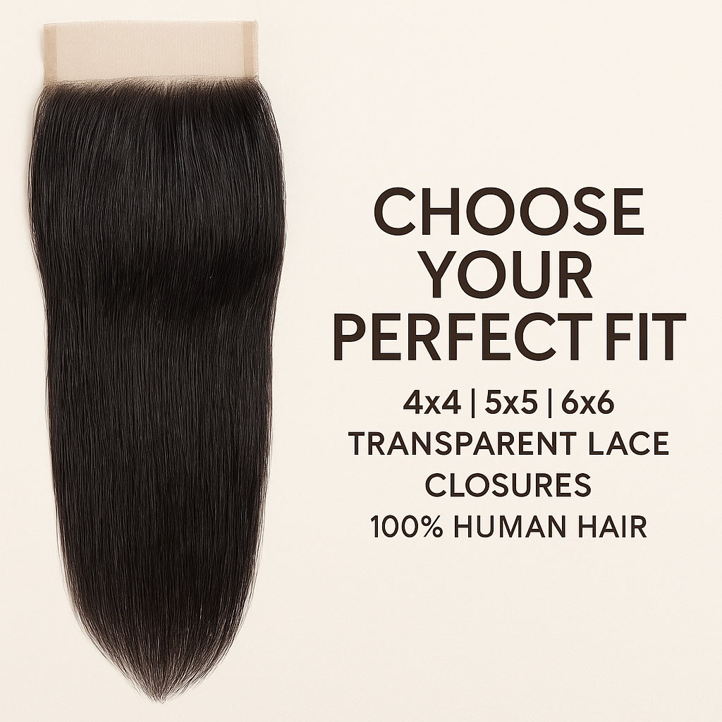 Natural Black #1B Straight Lace Closure – 4x4 | 5x5 | 6x6 Transparent Lace | 100% Remy Human Hair | 10''–30'' | Freestyle Parting | Ships from Canada