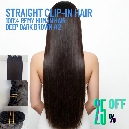 Deep Dark Brown #2 Straight Clip-In Hair Extensions – 100% Remy Human Hair | 100g/120g Pack | 10''–30'' | 8pcs, 18 Clips | Reusable | Ships from Canada