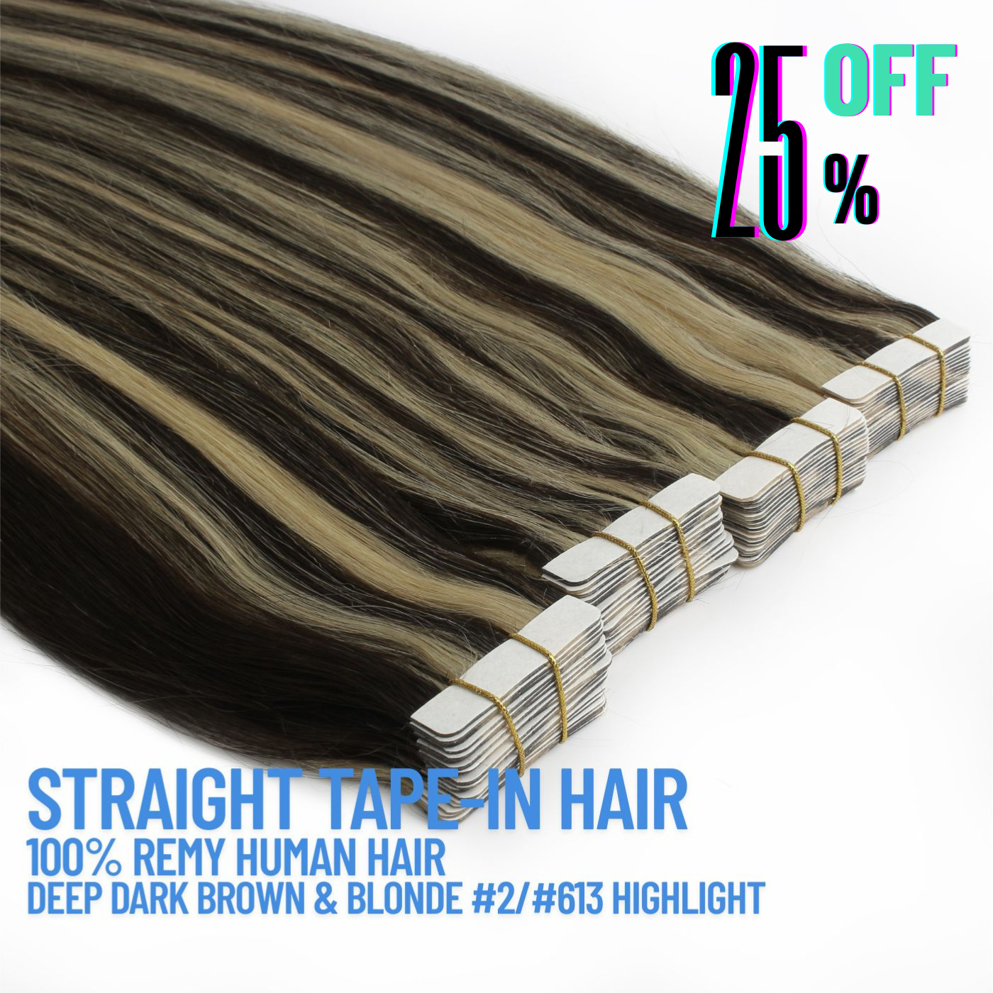 Deep Dark Brown & Blonde #2/#613 Tape-In Hair Extensions – 100% Remy Human Hair | 50g Pack | 10''–30'' | Reusable | Ships from Canada