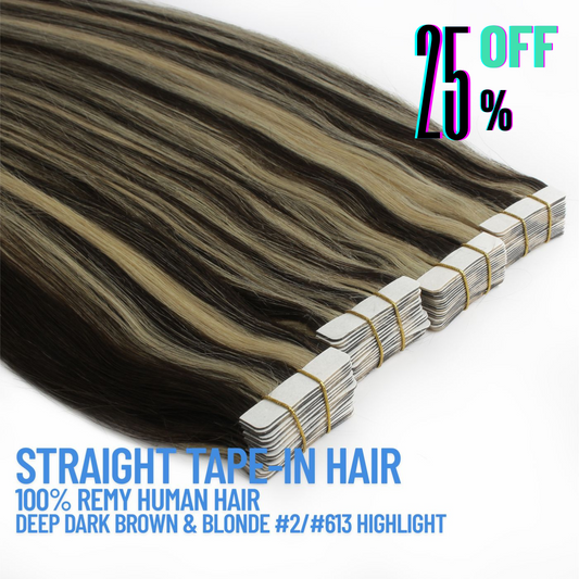 Deep Dark Brown & Blonde #2/#613 Tape-In Hair Extensions – 100% Remy Human Hair | 50g Pack | 10''–30'' | Reusable | Ships from Canada