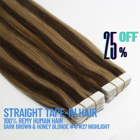 Dark Brown & Honey Blonde #4/#27 Tape-In Hair Extensions – 100% Remy Human Hair | 50g Pack | 10''–30'' | Reusable | Ships from Canada