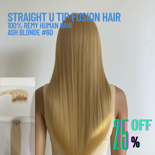 Ash Blonde #60 Straight U Tip Fusion Hair Extensions – 100% Remy Human Hair | 100g Pack | 10''–30'' | Reusable | Ships from Canada