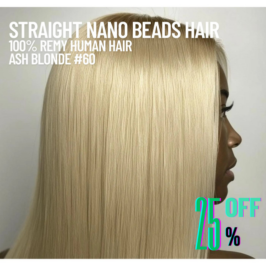 Ash Blonde #60 Straight Nano Beads Hair Extensions – 100% Remy Human Hair | 50g Pack (50 Strands) | Reusable | Ships from Canada