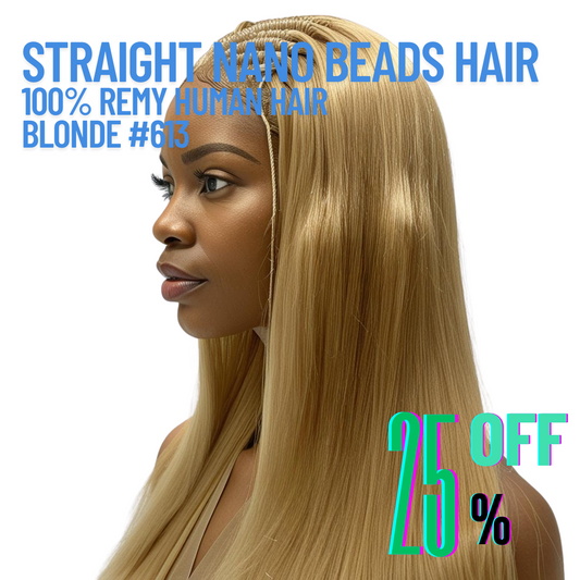 Blonde #613 Straight Nano Beads Hair Extensions – 100% Remy Human Hair | 50g Pack (50 Strands) | Reusable | Ships from Canada