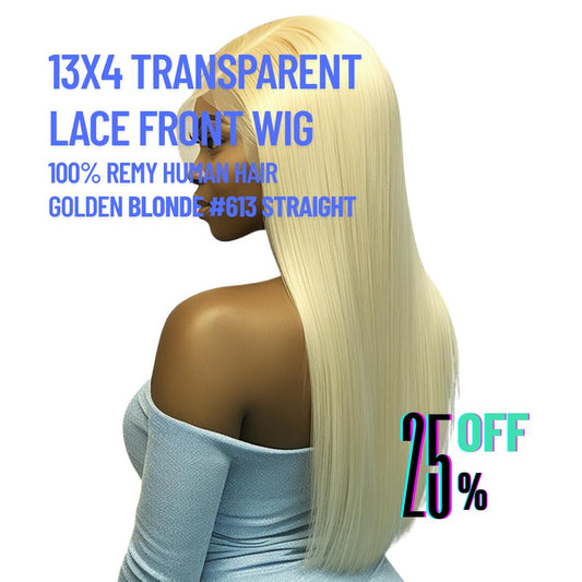 13x4 Transparent Lace Wig – Golden Blonde #613 Straight | 100% Human Hair | 180% Density | Glueless | 12’’–28’’ | Bleach-Friendly