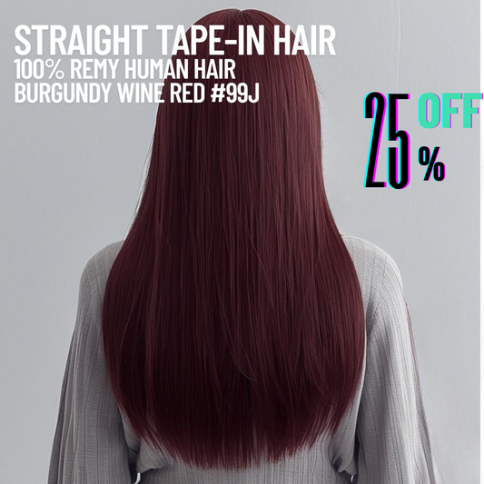 Burgundy Wine Red #99J Tape-In Hair Extensions – 100% Remy Human Hair | 50g Pack | 10''–30'' | Reusable | Ships from Canada