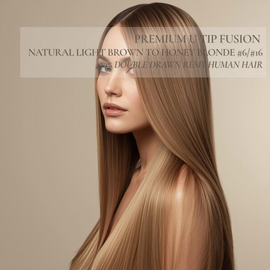 Premium Double Drawn Light Brown to Honey Blonde Highlight U-Tip Fusion Hair – 100% Remy Human Hair #6/#16 (30/70)  | 50g Pack | 20’’ | Thick Ends | Reusable