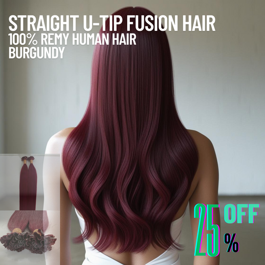 Burgundy Straight U Tip Fusion Hair Extensions – 100% Remy Human Hair | 100g Pack | 10''–30'' | Reusable | Ships from Canada