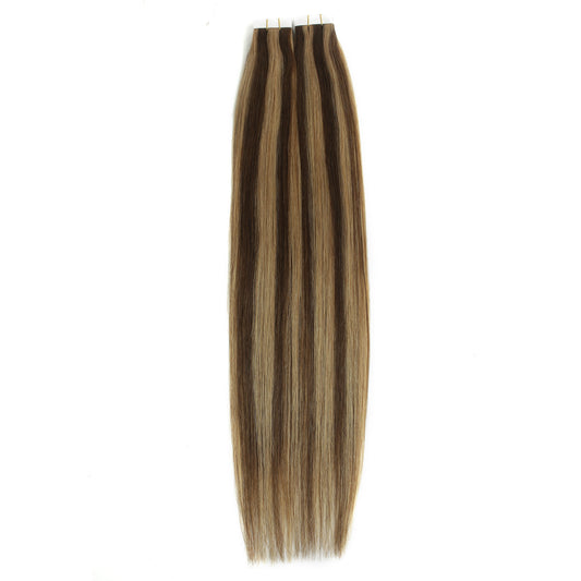 Dark Brown & Honey Blonde Highlight #4/#27 Tape-In Hair Extensions – 100% Remy Human Hair | 20 Tapes (50g) | 10’’–30’’ | Reusable