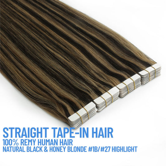 Natural Black & Honey Blonde Highlight #1B/27 Tape-In Hair Extensions – 100% Remy Human Hair | 20 Tapes (50g) | 10’’–30’’ | Reusable