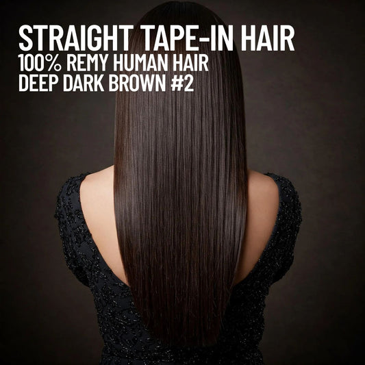 Deep Dark Brown #2 straight tape-in hair extensions made with 100% Remy human hair – smooth reusable adhesive extensions for natural length and volume