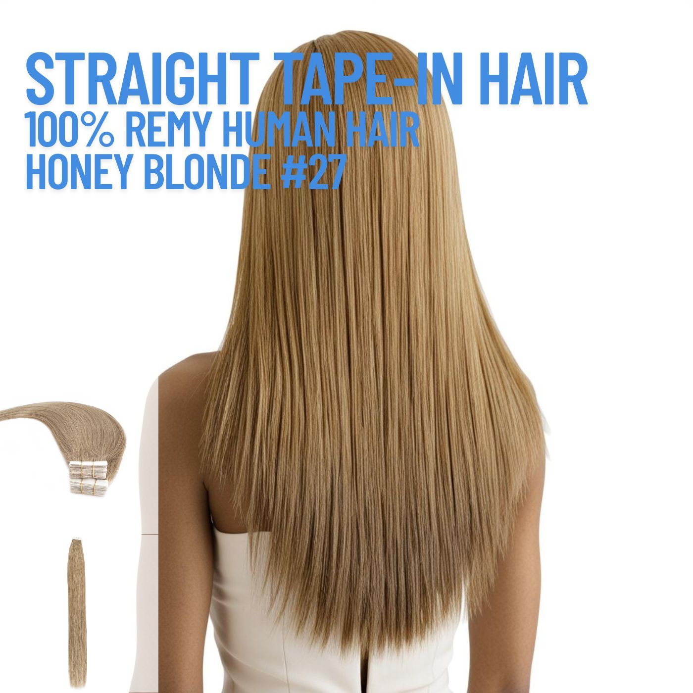Honey Blonde #27 straight tape-in hair extensions made with 100% Remy human hair – smooth reusable adhesive extensions for natural length and volume