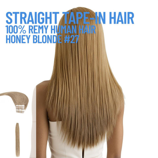 Honey Blonde #27 straight tape-in hair extensions made with 100% Remy human hair – smooth reusable adhesive extensions for natural length and volume