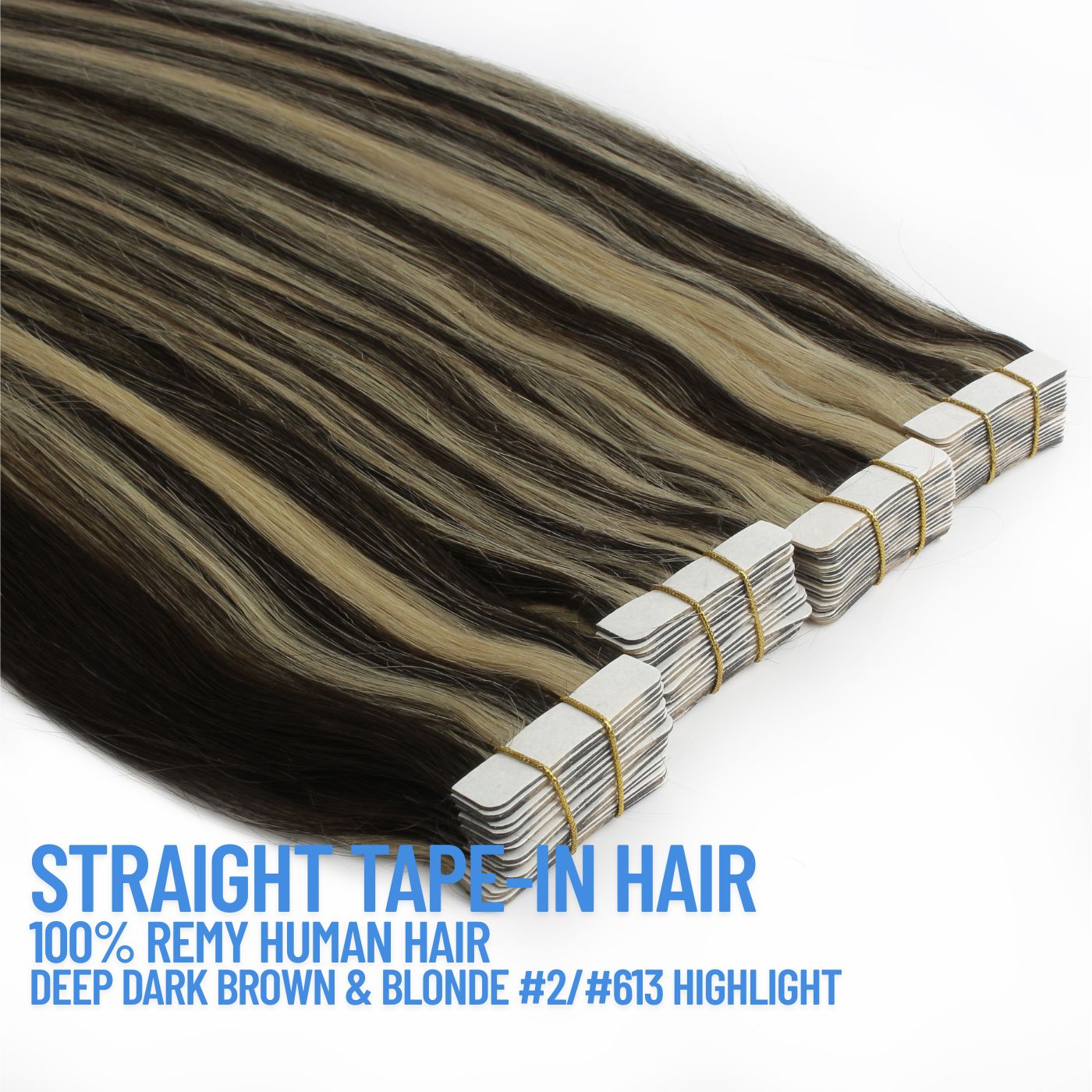 Deep Dark Brown & Golden Blonde Highlight #2/#613 Tape-In Hair Extensions – 100% Remy Human Hair | 20 Tapes (50g) | 10’’–30’’ | Reusable