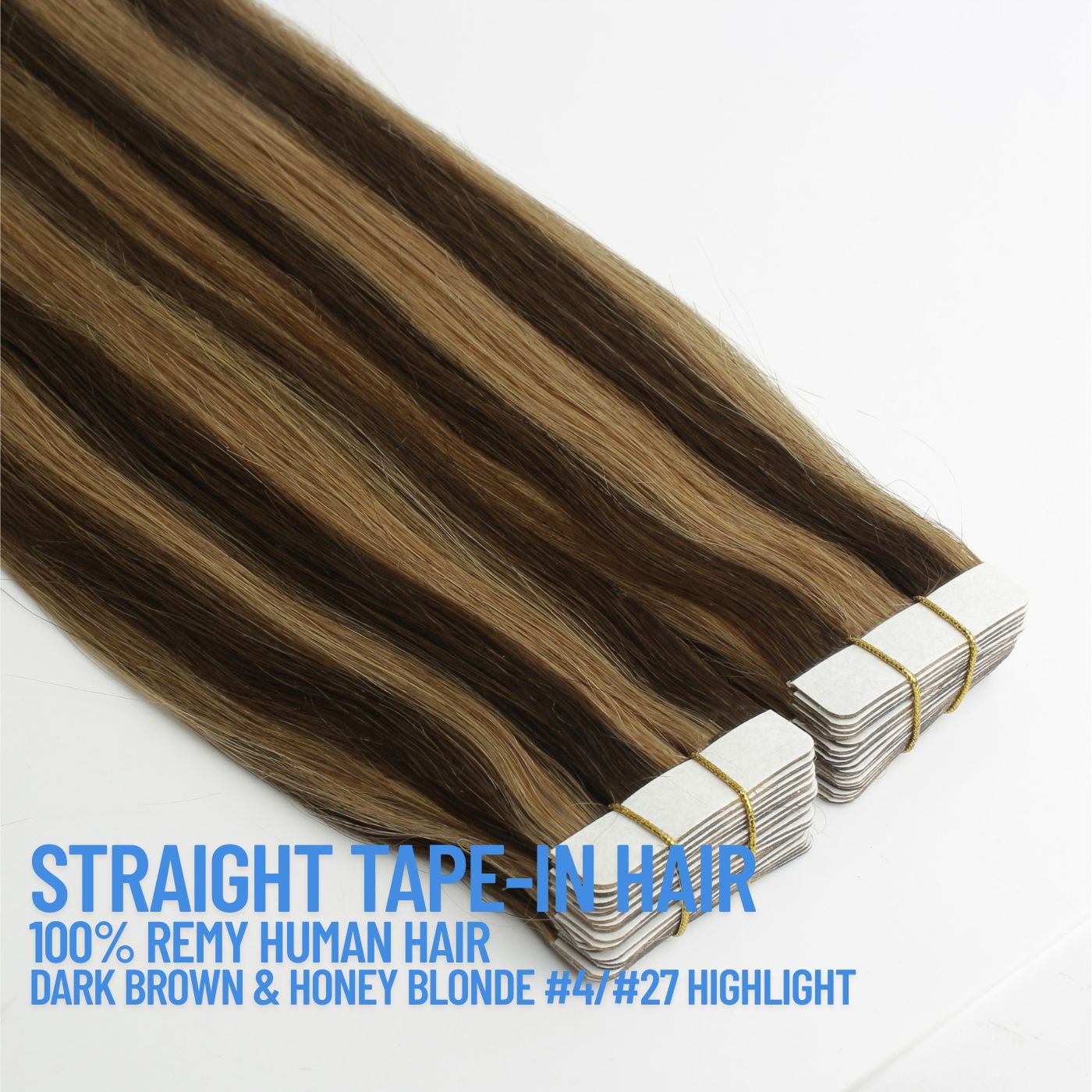 Dark Brown & Honey Blonde Highlight #4/#27 Tape-In Hair Extensions – 100% Remy Human Hair | 20 Tapes (50g) | 10’’–30’’ | Reusable
