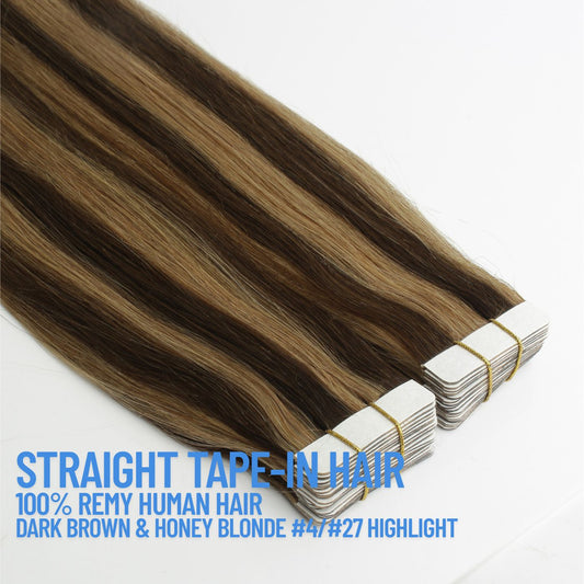Dark Brown & Honey Blonde Highlight #4/#27 Tape-In Hair Extensions – 100% Remy Human Hair | 20 Tapes (50g) | 10’’–30’’ | Reusable