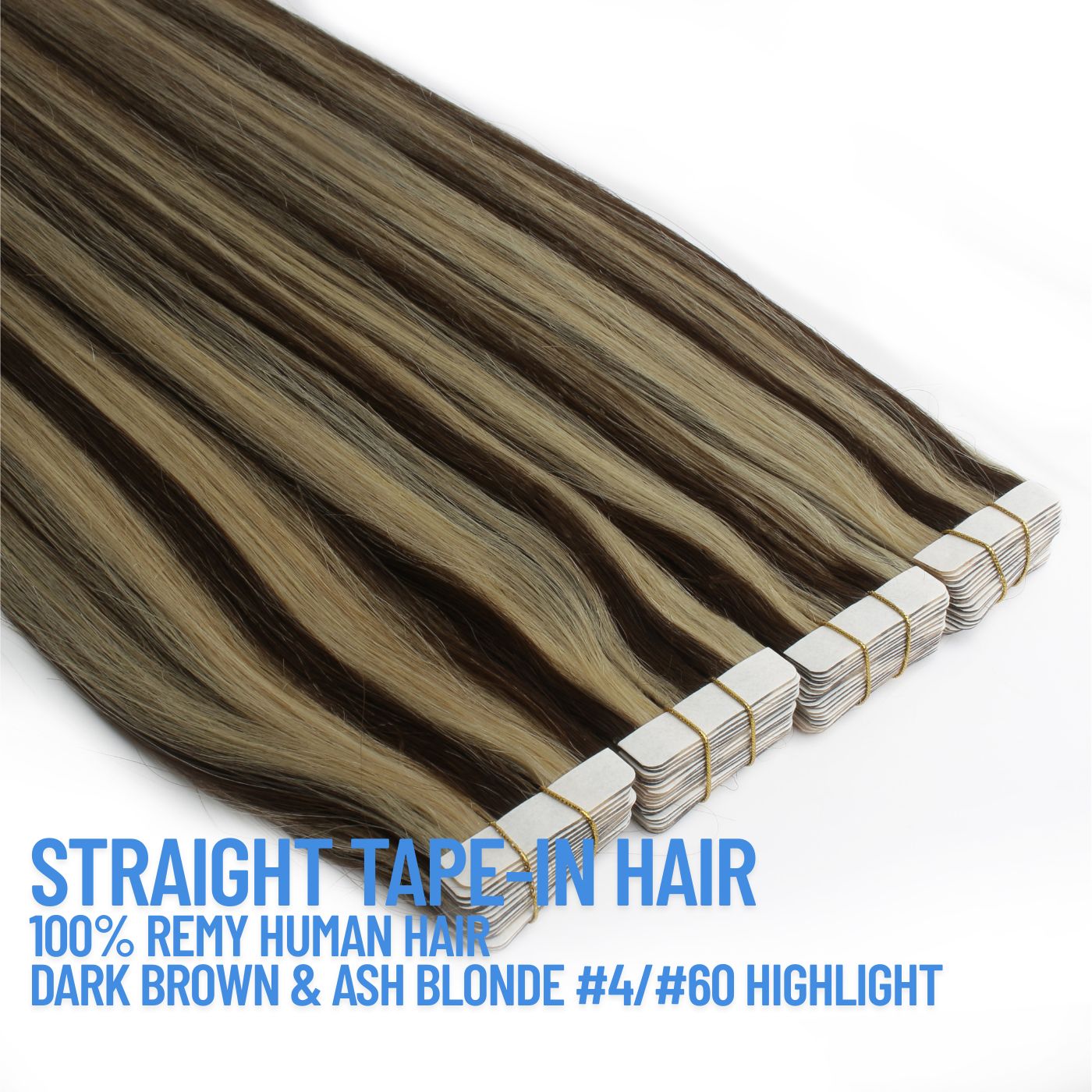 Dark Brown & Light Blonde Highlight #4/#60 Tape-In Hair Extensions – 100% Remy Human Hair | 20 Tapes (50g) | 10’’–30’’ | Reusable