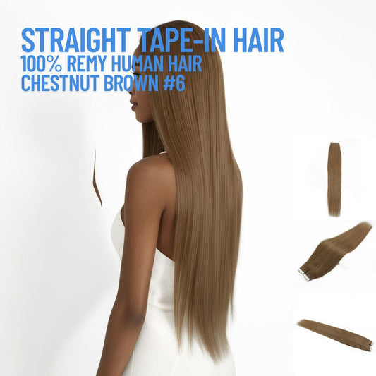 Chestnut Brown #6 straight tape-in hair extensions made with 100% Remy human hair – smooth reusable adhesive extensions for natural length and volume