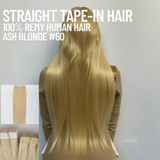 Light Blonde #60 straight tape-in hair extensions made with 100% Remy human hair – smooth reusable adhesive extensions for natural length and volume
