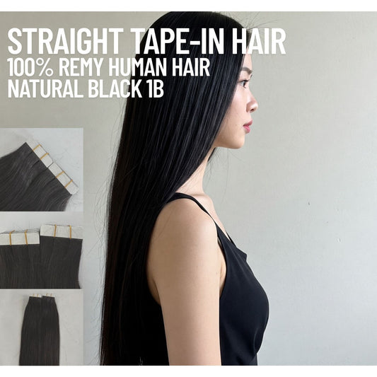 Natural Black #1B straight tape-in hair extensions made with 100% Remy human hair – smooth reusable adhesive extensions for natural length and volume
