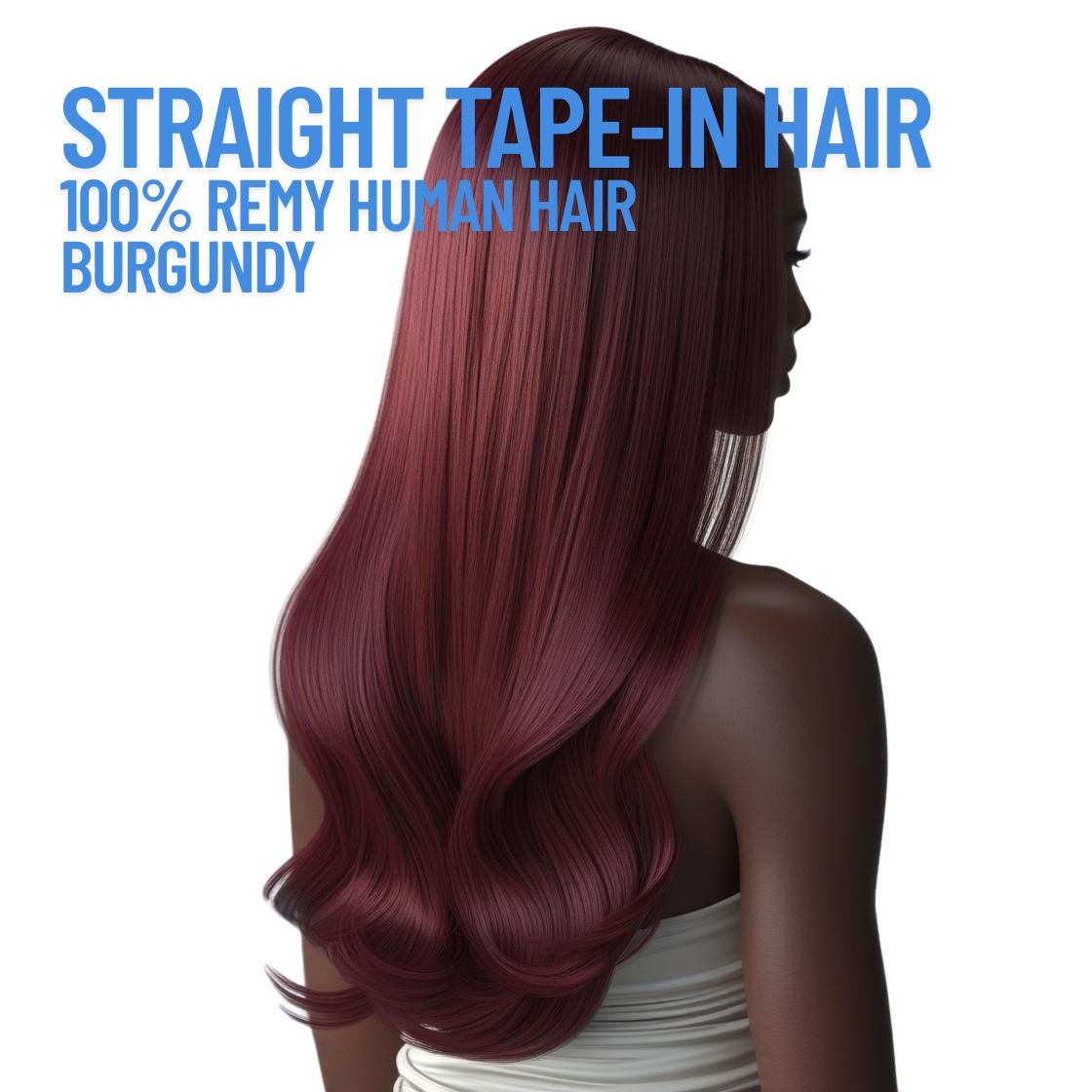 Burgundy straight tape-in hair extensions made with 100% Remy human hair – smooth reusable adhesive extensions for natural length and volume